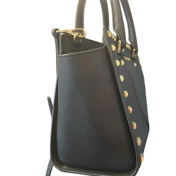 Michael Kors Black Studded Saffiano Leather Satchel‎ Crossbody Medium Purse Bag - Picture 3 of 15